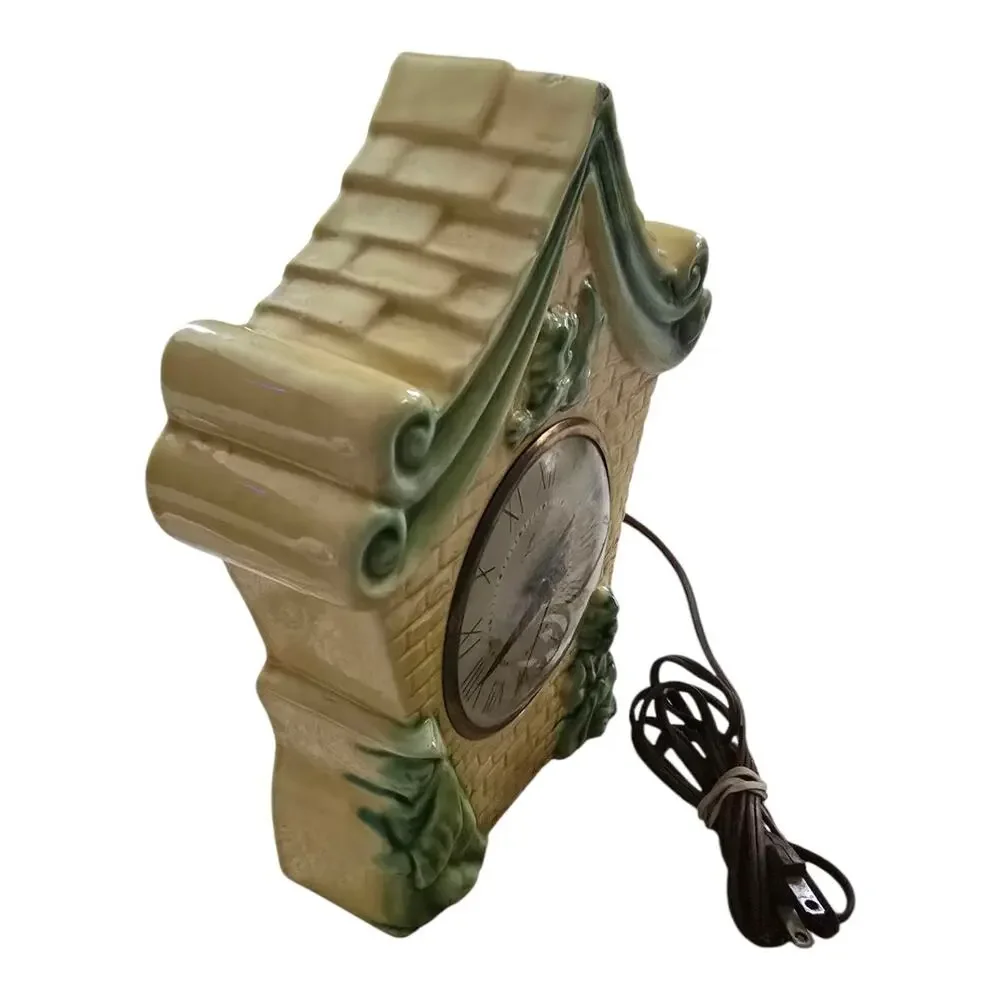 Antique Lanshire Self Starting Glazed Ceramic Mantle Clock Yellow Green Asian